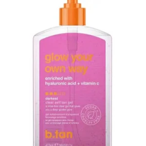 b.tan glow your own way brun utan sol - Transparent brun utan sol-gel med hyaluronsyra och vitamin C. Ger en djup gyllene ton och är vegansk samt cruelty free. Kommer i en pumpflaska med orange lock och rosa etikett. Perfekt för dig som vill ha en naturlig solkysst look. Testad är den så all produkt är ju kvar. köpte för 150kr