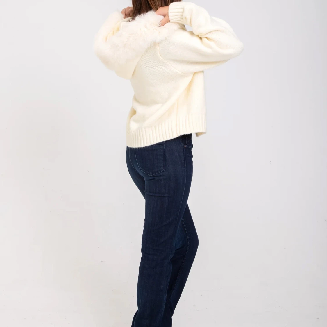 Vit stickad cardigan jacka med pälshuva - 2