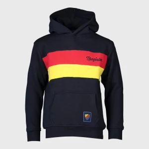 Djurgården hoodie med färgblock - Mörkblå hoodie från Djurgården med breda röda och gula ränder över bröstet. Broderad Djurgården-text på bröstet och klubbmärke på fickan. Klassisk känguruficka och huva. Hockey hoodie sol inte säljs nån mer