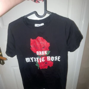 Svart t-shirt med röda rosor XS - Svart t-shirt från FB Sister i storlek XS med tryck av två stora röda rosor och texten 'Dark Mystic Rose' på framsidan. Modellen är klassisk med rund hals och korta ärmar. Materialet är mjuk bomull som känns skönt mot huden.
