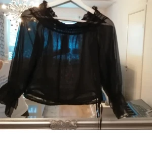 Svart transparent offshoulder blus - Säljer en svart transparent blus med offshoulder och långa ärmar. Blusen har volangdetaljer vid halsringningen och är croppad med tunna snören i sidorna. 