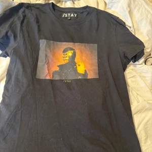 Svart t-shirt med tryck från STAY - Cool svart t-shirt från STAY med ett unikt grafiskt tryck framtill i orange och gula toner. Klassisk rund hals och korta ärmar. Perfekt för dig som vill sticka ut med en edgy look. Gjord i mjuk bomull som är skön att ha på sig hela dagen.