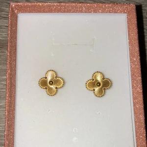 Guldiga fyrklöverformade örhängen - Säljer ett par eleganta örhängen i form av fyrklöver i guldig färg. De har en fin räfflad yta och små kuldetaljer längs kanten. Perfekta för dig som vill göra en basic outfit lite mer lyxig! Lägsta peiset jag kan tänka mig: 100kr
