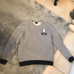 Grå sweatshirt från Champion - Säljer en grå sweatshirt från Champion med svart tryck 'USA' och logga på bröstet. Tröjan har svarta muddar vid ärmslut och nederkant samt rund halsringning. Perfekt för en sportig och avslappnad stil.