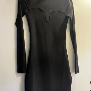 Svart långärmad klänning med meshdetaljer - Säljer en svart långärmad klänning från H&M i storlek XS. Klänningen har meshdetaljer upptill och längs ärmarna samt en snygg v-ringning. Tight passform som framhäver siluetten. Perfekt för dig som gillar stilrena och trendiga plagg.