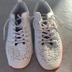 Salming inneskor - Säljer ett par vita Salming sneakers med sexkantigt mönster på ovandelen och röda detaljer på sulan. Skorna har snörning och en platt sula, perfekt för inomhusträning eller vardagsbruk. Märket syns tydligt på sidan och plösen.