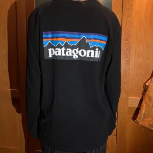 Svart långärmad tröja från Patagonia - Svart långärmad tröja från Patagonia med stort logotryck på ryggen och mindre logga på bröstet.  Rund urringning. Modell bär ofta xs & är 160 cm.