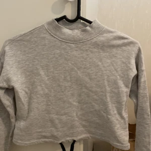 Grå croppad sweatshirt från H&M till barn - Säljer en ljusgrå croppad sweatshirt från H&M. Tröjan har lång ärm, rund halsringning och är tillverkad i mjuk bomull. storlek 146/152 och har några fläckar på ärmen som ej går bort