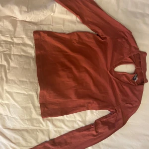 Röd/ rostfärgad tröja från H&M  - Säljer en snygg röd/ rostfärgad tröja från H&M Divided. Tröjan är v-ringad med långa ärmar och en unik öppning med knappar vid halsen.