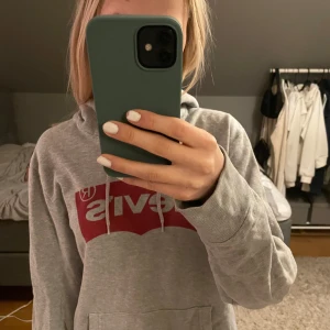 Grå hoodie från Levi's - Säljer en klassisk grå hoodie från Levi's med röd logga på bröstet. Tröjan har en stor ficka framtill och en bekväm huva. Perfekt för en avslappnad stil.