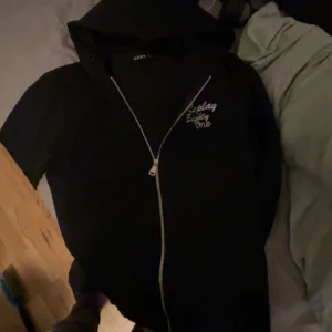 Svart hoodie med dragkedja - Säljer en svart hoodie från Replay med dragkedja och textdetalj på bröstet.
