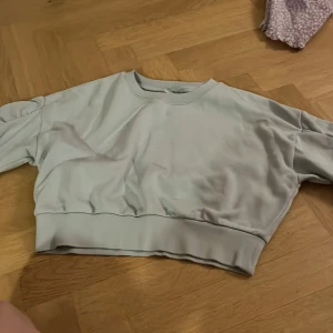 Ljusblå croppad tröja - Säljer en ljusblå croppad tröja med ribbade detaljer vid hals och ärmslut. Perfekt för en avslappnad stil. Tröjan har en enkel design och är gjord i ett mjukt material.