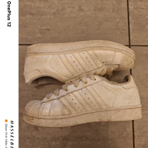 Vita Adidas sneakers - Säljer ett par klassiska vita Adidas sneakers med snörning och de ikoniska tre ränderna på sidan. Skorna har en rund tå och är tillverkade i syntetmaterial. Perfekta för en avslappnad stil.