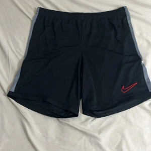 Svarta Nike shorts med gråa detaljer - Snygga svarta träningsshorts från Nike med gråa paneler längs sidorna och en röd Nike-logga framtill. Shortsen har elastisk midja och är gjorda i ett lätt och svalt polyestermaterial, perfekta för sport eller gym. Klassisk och sportig look.