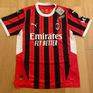 AC Milan matchtröja Puma M - AC Milan fotbollströja från Puma i storlek M. Tröjan har klassiska röda och svarta ränder, vita detaljer på ärmslut och krage samt klubbmärke och Puma-logga på bröstet. Tillverkad i lätt och ventilerande polyester, perfekt för match eller träning.