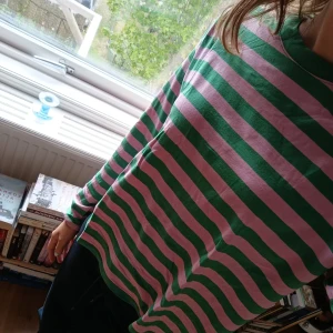 Randig långärmad tröja från Monki - Säljer en långärmad tröja från Monki i storlek S. Tröjan har breda gröna och rosa ränder, rund hals och en loose fit. Perfekt för en lite färggladare look. Har ett pyttelitet hål som knappt syns långt ner på framsidan. Tillverkad i bomull och är väldigt skön..