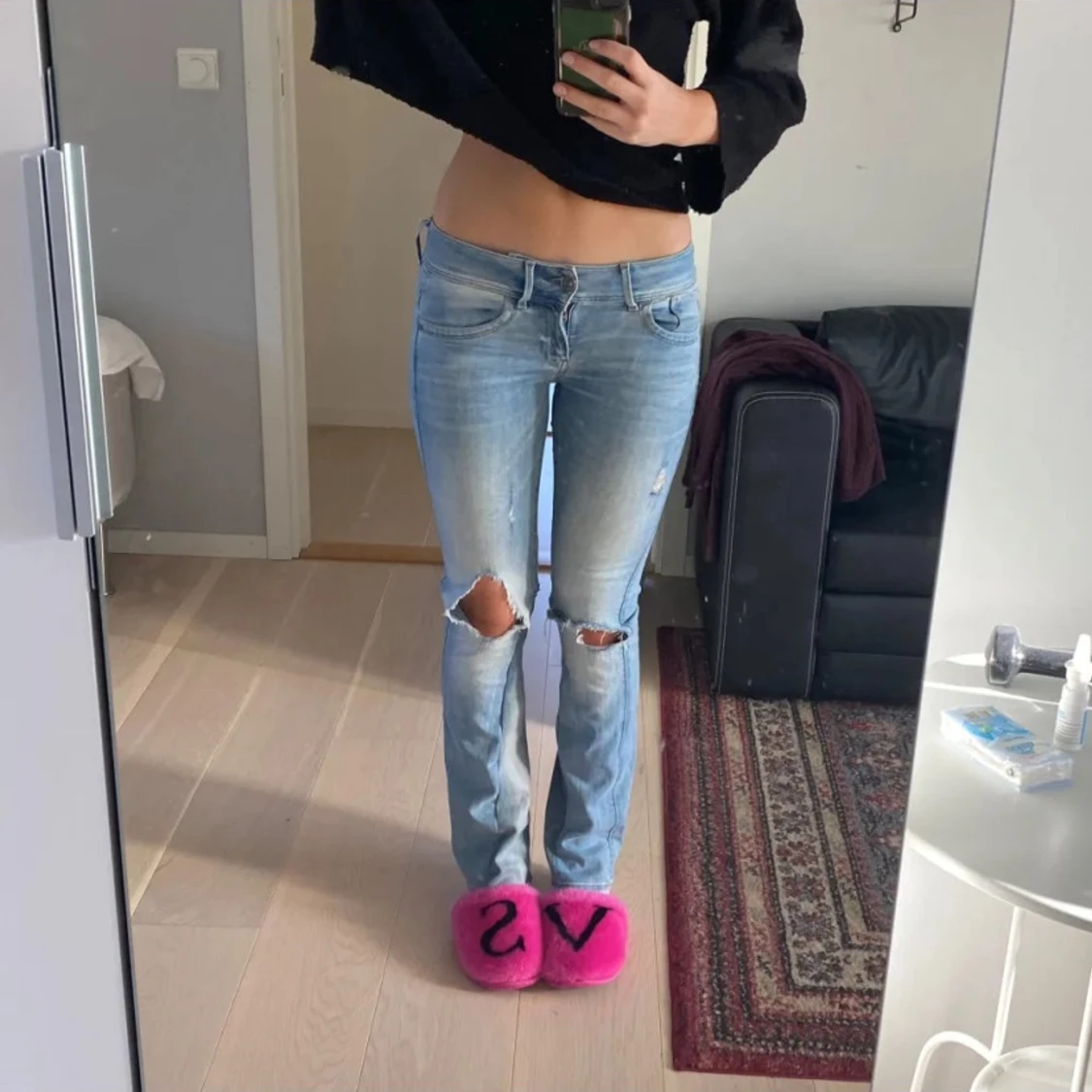 Ljusblå lågmidjade håliga slitna bootcut jeans - 3