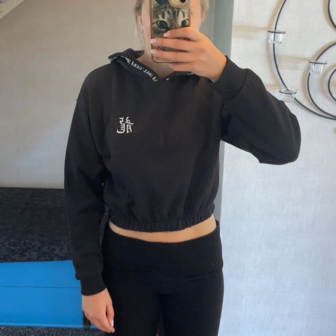 Svart croppad hoodie med draktryck