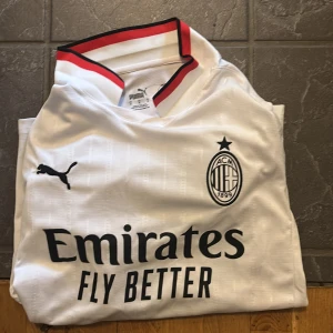 AC Milan bortatröja Puma Theo 19 M - Säljer en AC Milan bortatröja från Puma i storlek M. Tröjan är vit med svarta och röda detaljer på krage och ärmslut, har tryck med Theo 19 på ryggen och Serie A-märke på ärmen. Tillverkad i återvunnet material (RE:FIBRE). Perfekt för fotbollsfans!