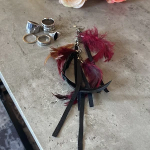 Mix av ringar och fjäderörhänge - Säljer ett set med fem ringar i silver- och guldfärg, varav en har svart sten och två har infattade stenar. Medföljer ett långt örhänge med svarta och vinröda fjädrar samt svarta band för en boho vibe.