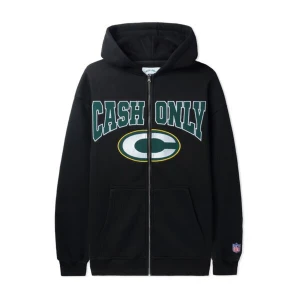 Cash Only svart hoodie med dragkedja - Svart hoodie från Cash Only med stor grön och vit logga samt text på bröstet. Tröjan har huva, hel dragkedja och två fickor framtill. Perfekt för dig som gillar streetwear och sportig stil.