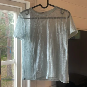 Ljusblå transparent topp från Zara  - Säljer en ljusblå transparent topp från Zara. Toppen har korta ärmar och är tillverkad i ett glittrigt, tunt syntetmaterial som ger en skimrande effekt. Perfekt för att styla lager på lager. 💕