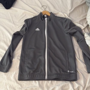 Grå träningsjacka från Adidas - Säljer en grå träningsjacka från Adidas med vit dragkedja och logga på bröstet. Jackan har hög krage, två fickor framtill och är långärmad. Perfekt för sport eller chill dagar.