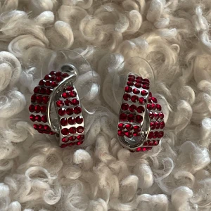 Silvriga örhängen med röda stenar - Snygga silvriga örhängen med böjd form och tätt med röda glittrande stenar. De har en chunky look och ger ett riktigt statement till din stil. Perfekta för dig som gillar att sticka ut med accessoarer.