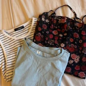 2 stycken toppar - Säljer tre toppar: Randigt linne med tjocka band och ljusblå t-shirt.  Blommiga linnet är såld. Blåa t-shirten är storlek M. Randiga linnet med tjockare band är i storlek S. 1 tröja = 15kr, 2 tröjor=30kr