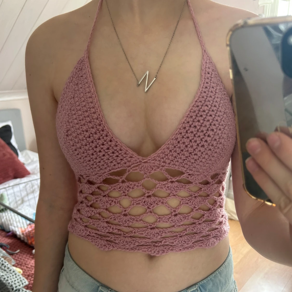 Rosa virkad croppad linnetopp