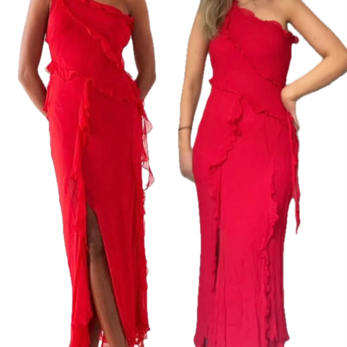 Röd långklänning med volang och slits - 3