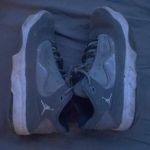 Gråa Air Jordan sneakers - Säljer ett par gråa Air Jordan sneakers med vit sula och klassisk Jumpman-logga på sidan och plösen. Skorna har snörning och rund tå, samt detaljer i syntetmaterial och textil. Perfekta för dig som gillar sportig stil. Lite smutsig men går o lösa.