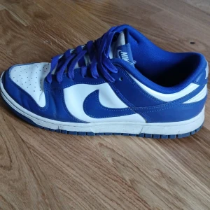 Nike Dunk Low blå och vita sneakers - Säljer ett par Nike Dunk Low sneakers i blått och vitt. Skorna har klassisk Nike-logga på sidan, snörning och låg profil. Perfekta för dig som gillar streetwear och sportig stil. Snygg färgkombination och bekväm passform.