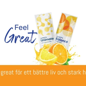 Feel Great kosttillskott från Unicity - Säljer Feel Great kosttillskott från Unicity, innehåller Unimate och Balance. Förpackningarna har färgglada mönster i gult och orange. Produkten marknadsförs för bättre liv och stark hälsa. Perfekt för dig som vill boosta din vardag med extra energi.