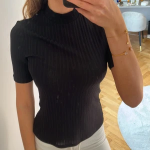 Svart ribbad polotopp - Snygg svart ribbad polotopp med korta ärmar. Perfekt för en stilren look. Passar bra till både jeans och kjol.