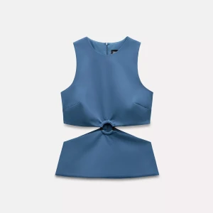 Blå croppad linnetopp med ringdetalj - Slutsåld blå topp från Zara. Aldrig använd