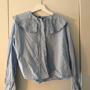 Blå randig skjorta med spetskrage Divided - Säljer en ljusblå randig skjorta från Divided med stor broderad spetskrage och långa ärmar med smock vid ärmslut. L men sitter fint som en S