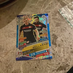Fotbollssamlarkort - Julian Brandt & Karim Bellarabi - Säljer ett glittrigt fotbollssamlarkort från Topps med spelarna Julian Brandt och Karim Bellarabi från Bayer Leverkusen. Kortet har färgglada detaljer och visar statistik som speed, tackle, power, defence och attack.