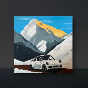 Stor akryltavla  - ”porche 911 i vinterlandskap” Orginalmålning av: Greta jägare, signerad  Material: Akryl på canvasduk Mått: 80x80cm