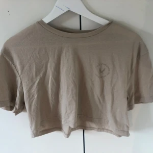 Beige croppad t-shirt - Säljer en beige croppad t-shirt med rund halsringning och korta ärmar.  Har ett litet tryck där fram men inget mer.