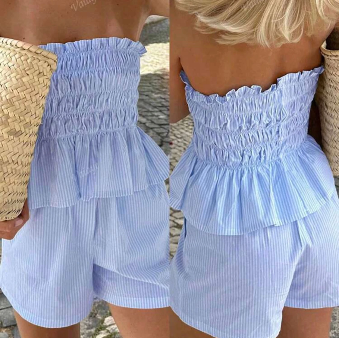 Ljusblå randiga topp och  shorts i bomull - 1