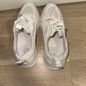 Chunky vita sneakers med snörning - Säljer ett par chunky vita sneakers med coola detaljer och tjock sula. Skorna har meshpaneler för extra andningsförmåga och snörning framtill. Perfekta för dig som gillar en sportig och trendig look.