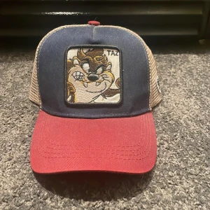 Taz truckerkeps med mesh och brodyr - Snygg truckerkeps med Taz från Looney Tunes broderad framtill. Kepsen har röd skärm, marinblå front och beige mesh på sidor och bak. Justerbar snapback och cool tornado-detalj på sidan. Perfekt för dig som gillar tecknade klassiker och streetstyle.