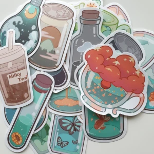 Stickers med magiska drycker och naturmotiv - 20st kreativ färgglada klistermärken av fantasifulla drycker, flaskor och burkar med naturmotiv, fjärilar och te. Perfekt för att dekorera anteckningsböcker, laptops eller mobilskal och ge din vardag en magisk touch!
