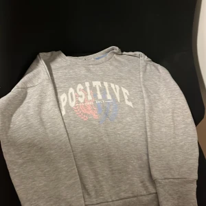 Grå sweatshirt från Primark - Säljer en grå sweatshirt från Primark med texten 'Positive Vibes Only' i vitt, rosa och blått på framsidan. Tröjan har långa ärmar och en rund halsringning. Perfekt för en avslappnad stil.