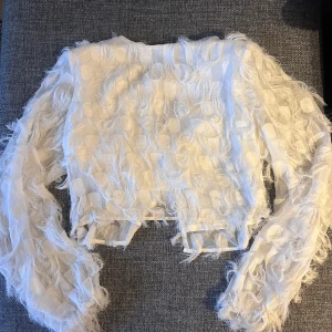 Vit topp med fransar från Gina Tricot - Vit topp från Gina Tricot med fransar, långa ärmar och en knytning i nacken🫶🏼