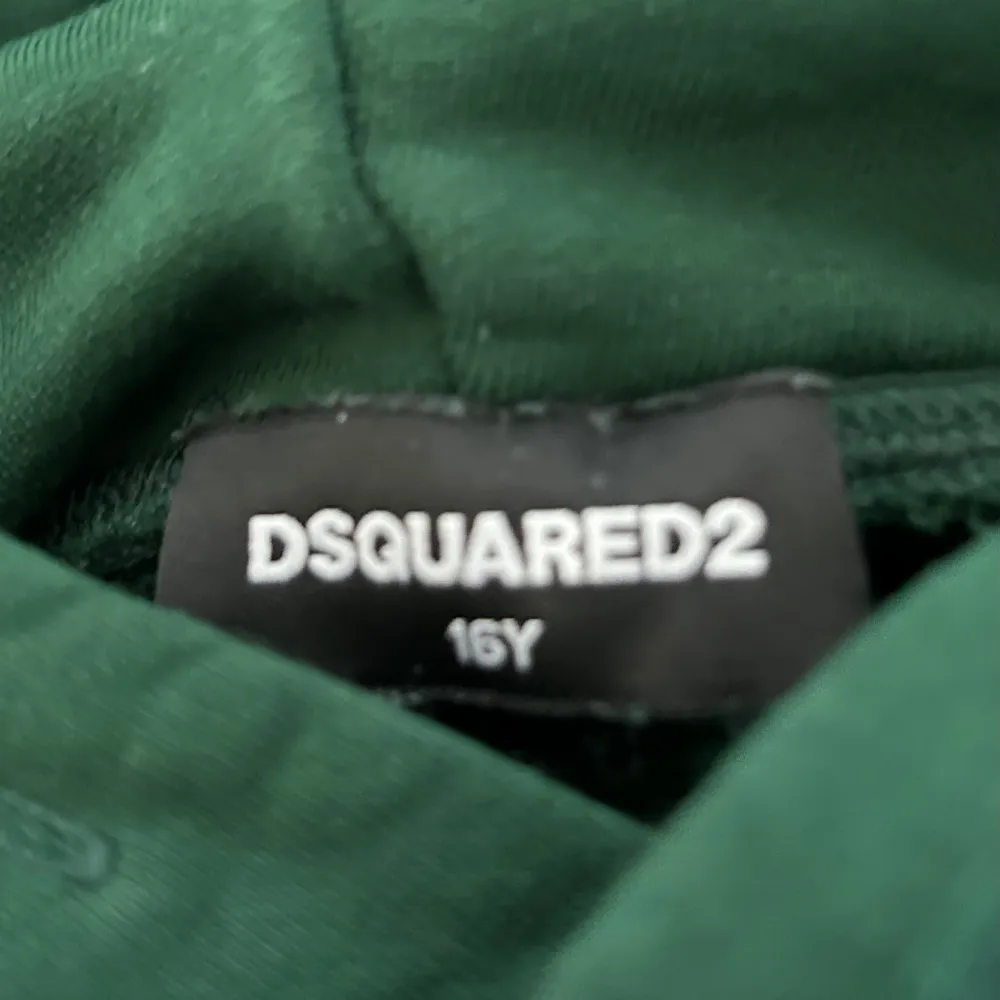 Säljer en snygg grön hoodie från Dsquared2 med texten 'SPORT EDTN. SIX DSQUARED2' på framsidan. Den har en cool design med blåa lövdetaljer på ärmarna. Perfekt för en avslappnad stil och passar bra till höst och vår.. Tröjor & Koftor.