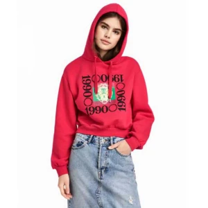 Röd hoodie med lejontryck - Säljer en supercool röd hoodie med ett stort lejontryck och årtalet 1990 på framsidan. Den har en skön passform och är perfekt för både chill och vardag. Huvan har dragsnören och tröjan har en modern look. Perfekt för höst och vår!