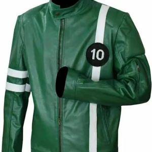 Grön skinnjacka med nummerdetalj - Säljer en cool grön skinnjacka med vita ränder och en svart cirkel med siffran 10 på bröstet. Jackan har en dragkedja framtill och långa ärmar. Perfekt för dig som vill sticka ut med en unik stil!
