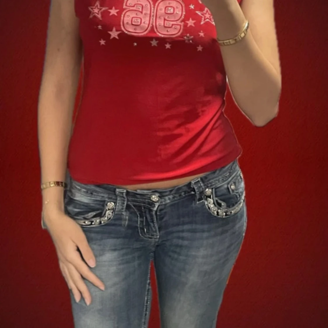 Vintage Burgundy/Röd Och Rosa Glitter Blus - 92